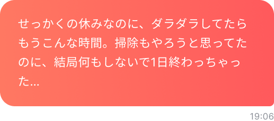 せっかくの休みなのに、ダラダラしてたらもうこんな時間。掃除もやろうと思ってたのに、結局何もしないで1日終わっちゃった…